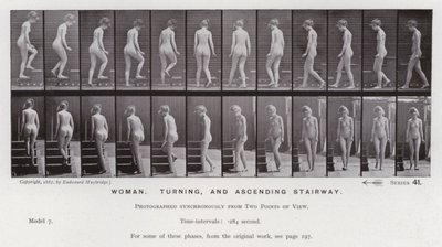 La figure humaine en mouvement : Femme, tournant et montant un escalier (photo n/b) - Eadweard Muybridge