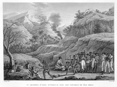 Grand Archipel Asiatique : explorateurs français avec des indigènes sur l