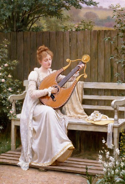 "Con Amore" Jeune femme jouant de la lyre. Peinture de Edward Blair Leighton (1853-1922) 1895 - Edmund Blair Leighton