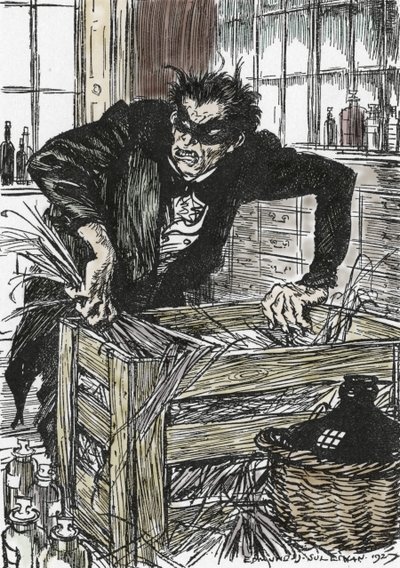 Dr Jekyll cherchant désespérément les poudres lui permettant de se débarrasser de son personnage de Mr Hyde, Illustration par Edmund Joseph Sullivan (1869-1933) pour le roman L