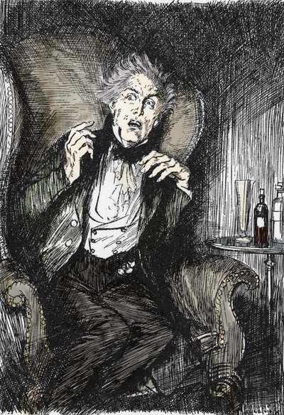 Dr Jekyll terrifié pendant sa conversation avec Utterson et Enfield, Illustration par Edmund Joseph Sullivan (1869-1933) pour le roman « L