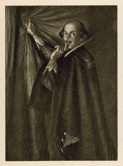 William Shakespeare tenant le rideau et nous demandant de nous taire - Edmund Joseph Sullivan