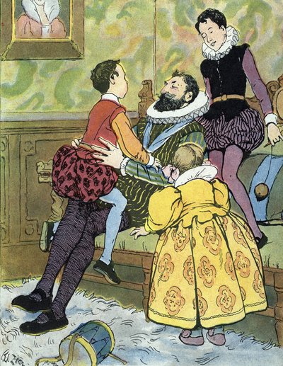 Le roi de France Henri IV jouant avec ses enfants (1553-1610) Illustration par Edouard Zier dans « Nos-Gloriers-Nationales » 1920 Collection privée - Edouard Francois Zier