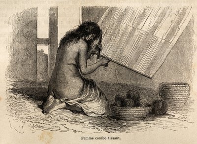 Un Indien Conibo du Pérou tissant, dessin de Riou pour illustrer le voyage, de 1848 à 1860, de P. Marcoy, de l