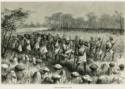Départ de Kalassa, le narrateur voyageur dans sa chaise avec des porteurs. Gravure par Riou pour illustrer l