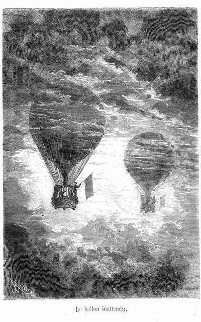 Dessin du livre de Jules Verne « Cinq semaines en ballon » collection Hetzel/Voyages extraordinaires. Le ballon Victoria rencontre un autre ballon dans les nuages. - Edouard Riou