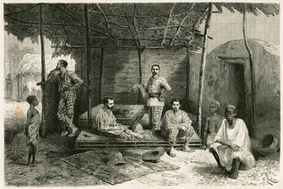 Installation de la mission à Nango, pour un séjour de 10 mois, avec des portraits de Gallieni et de ses capitaines Vallière et Pietri, du Docteur Tautain ainsi que de ses interprètes, guide et cantinière. Gravure de Riou, d