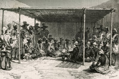 Signature du traité plaçant le pays de Kita (ancien Soudan français, actuel Mali) sous le protectorat de la France le 25 avril 1880 entre le commandant Joseph Gallieni (1849-1916) et Tokontan Keita (illustration de l