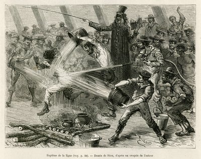 Le baptême de la ligne, un marin portait une vieille soutane et haranguait les autres marins de l
