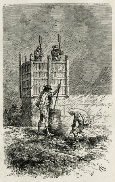 Le tapial, une ancienne technique de construction de murs en argile utilisant un coffrage en bois, compacté par bourrage et séché au soleil, gravure par Riou, pour illustrer l