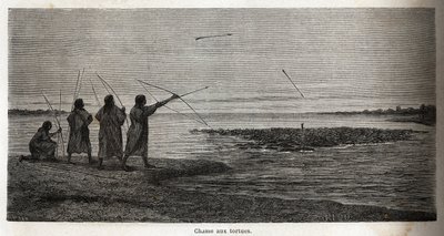 Chasse à la tortue, parmi les Indiens Conibos du Pérou, dessin par Riou pour illustrer le voyage, de 1848 à 1860, de P. Marcoy, de l