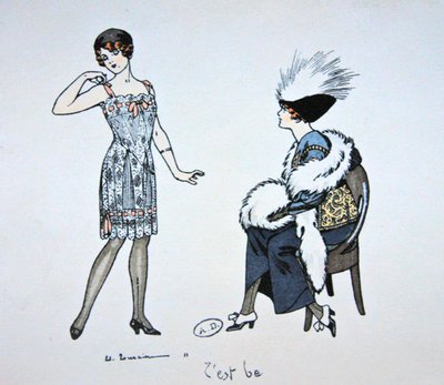 Mannequin montrant une combinaison à un client, c.1912 - Edouard Touraine