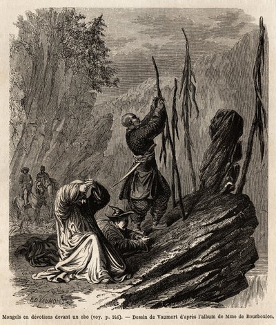 Les Mongols en dévotion à un obo, près des montagnes Bakka et Mongolie, dessin de Vaumort (? -1886) pour illustrer le voyage de Shanghai à Moscou, de 1859 à 1862, de M. de Bourboulon, ministre français en Chine. Gravure dans « Le tour du monde », édité par - Edouard Vaumort