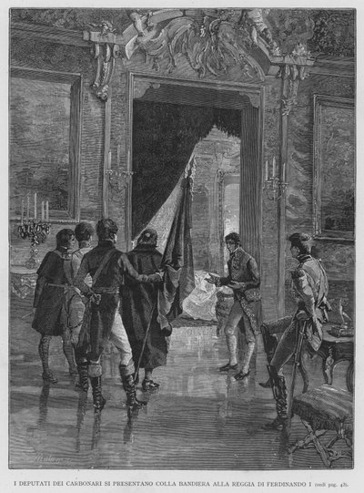 Les députés des Carbonari se présentent avec le drapeau au palais de Ferdinand Ier (gravure) - Edouardo Matania
