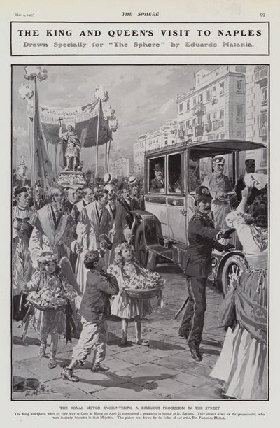 Le roi Édouard VII et la reine Alexandra rencontrant une procession religieuse dans une rue lors de leur visite à Naples, Italie - Edouardo Matania