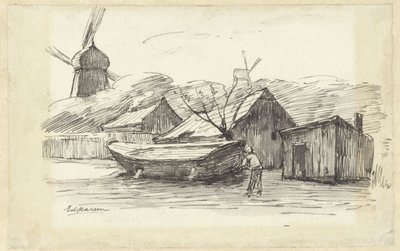 Bateau, maisons et un moulin à vent - Eduard Karsen