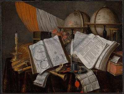Nature morte de vanité avec un drapeau, un chandelier, des instruments de musique, des livres, des accessoires d