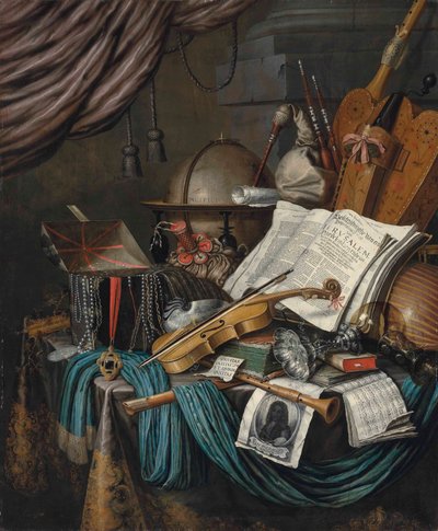 Un globe, un coffret de bijoux et médaillons, des livres, une vielle à roue, une cornemuse, un luth, un violon, une tazza en argent renversée et un roemer, un coquillage nautile, une flûte à bec, un chalumeau, une gravure avec un autoportrait de l