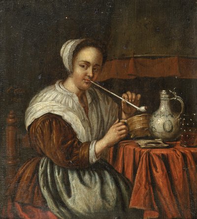 Une femme fumant une pipe à une table - Edwaert Colyer or Collier