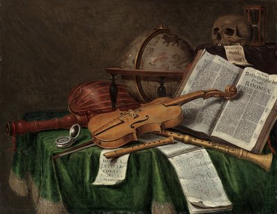 Vanitas avec un globe astrologique, un violon, un crâne, un sablier, un livre ouvert, une partition, une montre, un luth et d