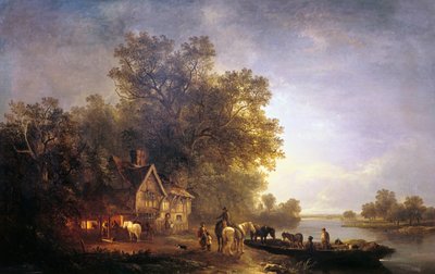 Paysage fluvial avec rustiques et chevaux - Edward Charles Williams