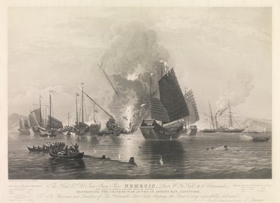 Le Hon. E.I. Co. Iron Steam Ship Nemesis, ... avec les bateaux de Sulphur, Calliope, Larne et Starling, détruisant les jonques de guerre chinoises, dans la baie d