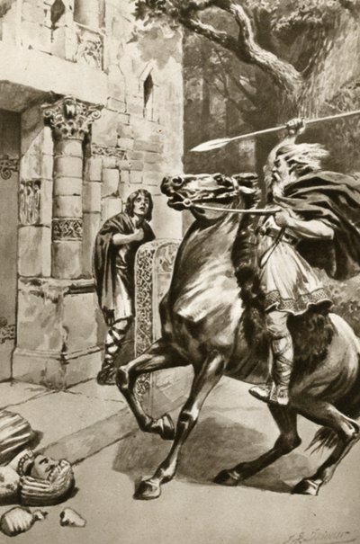 Le grand prêtre Coifi remontant Goodmanham Lane pour écraser les idoles, illustration tirée de "Little Treasure Island" d