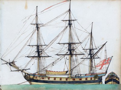 Navire britannique de 20 canons, montrant le gréement et une chaloupe, et une vue séparée de la poupe, vers 1780 - Edward Gwyn