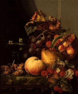 Nature morte avec un verre de vin, des cerises et d