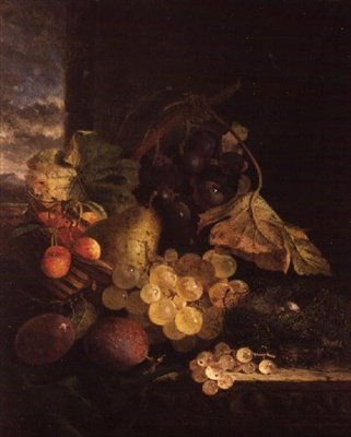 Nature morte avec un panier de fruits et un nid d