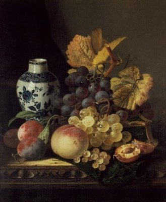 Raisins, pêches, prunes et groseilles avec un vase bleu et blanc - Edward Ladell