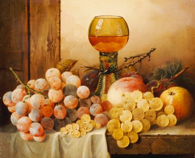Raisins, pommes, prunes et une pêche avec un verre de hock sur un rebord drapé - Edward Ladell