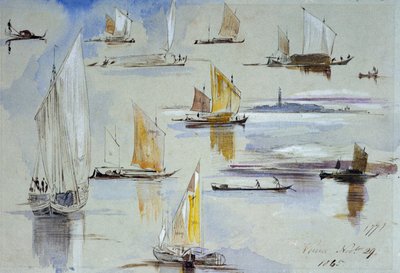 Études de bateaux vénitiens, avec annotations. Peinture d