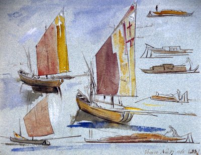 Études de bateaux vénitiens, avec voile pleine et amarrage - Edward Lear
