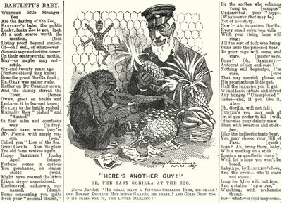 Caricature de Punch : Abraham Dee Bartlett, surintendant du zoo de Londres, et un bébé gorille - Edward Linley (after) Sambourne