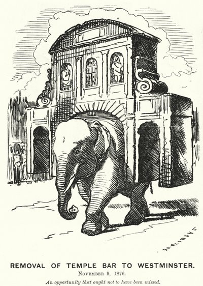 Caricature de Punch : Déplacement de Temple Bar à Westminster - Edward Linley (after) Sambourne
