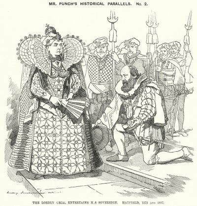 Caricature de Punch : Le Noble Cecil Reçoit son Souverain, Hatfield - Edward Linley (after) Sambourne