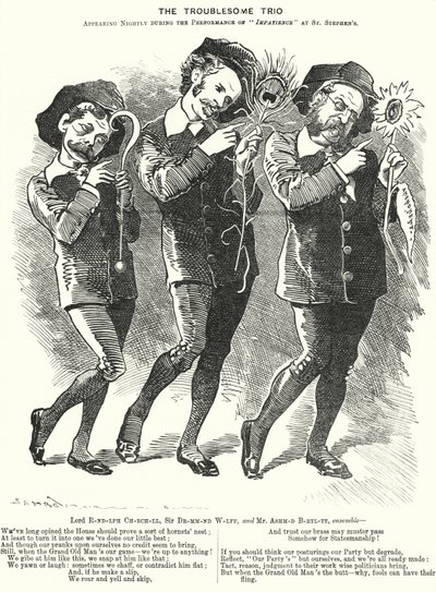 Caricature du Trio Ennuyeux : Lord Randolph Churchill, Henry Drummond Wolff et Ellis Ashmead-Bartlett, hommes politiques conservateurs britanniques (gravure) - Edward Linley (after) Sambourne