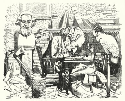 Caricature de Punch : écrivain au travail dans son étude - Edward Linley (after) Sambourne