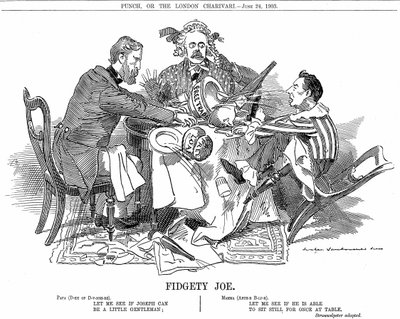 Gouvernement de coalition. Le duc de Devonshire et Arthur Balfour (au centre) essayant de contrôler Joseph Chamberlain, chef du parti junior dans la coalition. En septembre 1903, il a démissionné pour être libre de défendre ses réformes tarifaires. Caricat - Edward Linley Sambourne