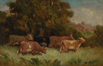 Sans titre (cinq vaches dans un pâturage, toit en arrière-plan) - Edward Mitchell Bannister