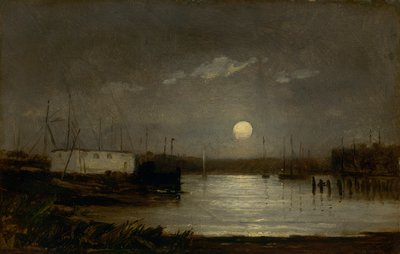 Sans titre (lune sur un port, scène de quai avec pleine lune et mâts de bateaux) - Edward Mitchell Bannister