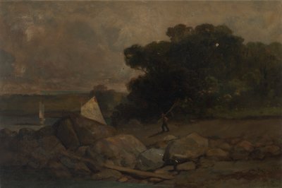 Paysage sans titre avec des rochers, un homme et des voiliers - Edward Mitchell Bannister