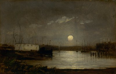Sans titre lune sur un port, scène de quai avec pleine lune et mâts de bateaux, vers 1868 - Edward Mitchell Bannister