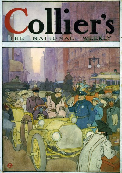 Automobile dans une rue bondée. Aquarelle par Edward Penfield - Edward Penfield