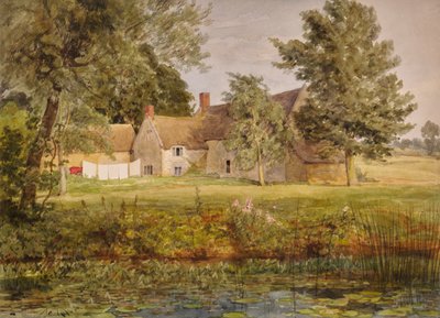 Bâtiments en pierre, corde à linge et étang de nénuphars - Edward Pretty