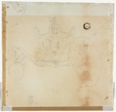 Étude pour le taxi et la roue avant gauche du carrosse et étude pour la tête de la figure couronnée assise sur le carrosse (verso) - Edward Tennyson Reed