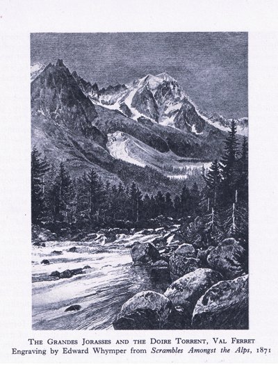 Les Grandes Jorasses et le torrent de la Doire, Val Ferret, de British Adventure publié par Collins, 1947 - Edward Whymper