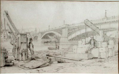 Vue du Pont de Southwark et de la Tamise depuis Bankside, avec deux grues au premier plan - Edward William Cooke