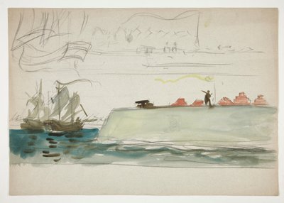 Bateaux en mer : cuirassé au premier plan, voilier au loin - (illustration non identifiée) - Edwin Austin Abbey